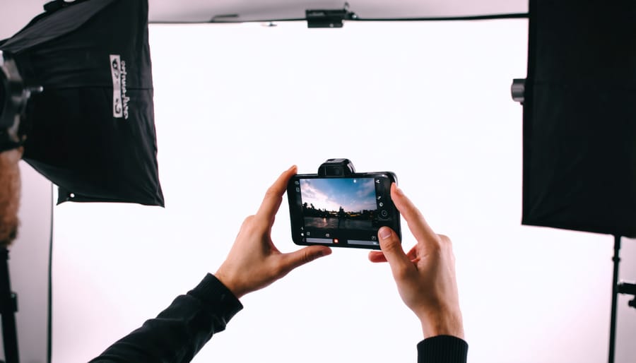 Photographer adjusting studio lighting settings through a mobile app interface