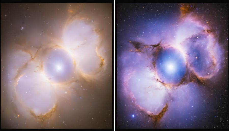 Side-by-side comparison showing improvement in image quality between single exposure and stacked images of the Orion Nebula