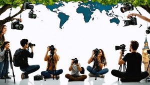 Diverse group of people using cameras and lighting equipment in front of iconic cultural landmarks, illustrating photography as a universal storytelling tool.