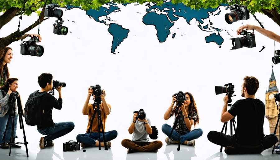 Diverse group of people using cameras and lighting equipment in front of iconic cultural landmarks, illustrating photography as a universal storytelling tool.
