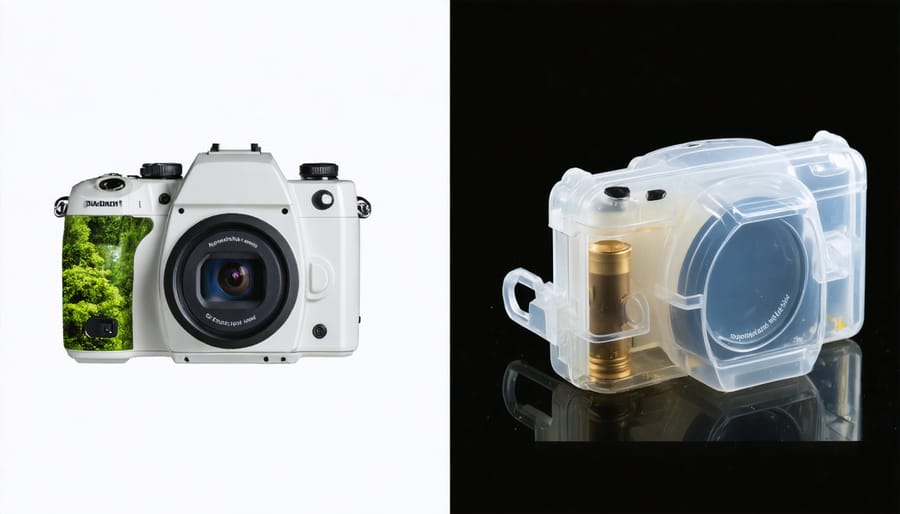 Comparison between standard plastic action camera packaging and sustainable packaging alternatives
