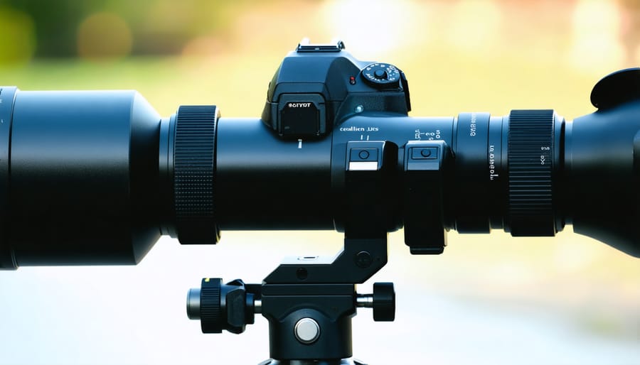 Detailed view of DSLR camera attachment setup on telescope showing T-ring and adapter connections