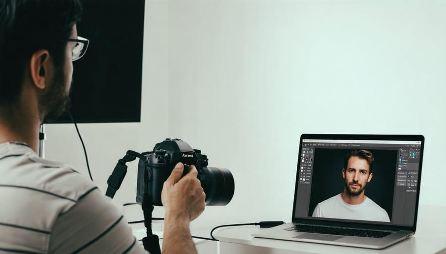 Professional photographer using tethered shooting setup with lighting software in a studio environment
