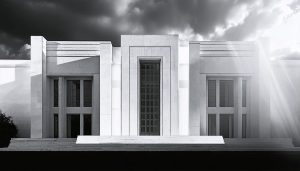 Black and white photograph of a classical building with dramatic lighting that emphasizes its geometric lines and textures, highlighted by cloud shadows.