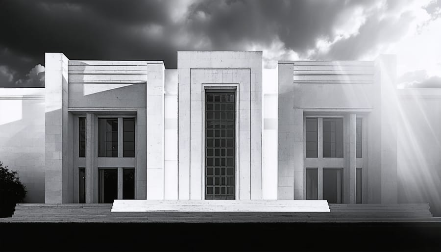 Black and white photograph of a classical building with dramatic lighting that emphasizes its geometric lines and textures, highlighted by cloud shadows.