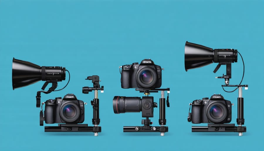 Technical illustration of underwater camera housing system with labeled parts and lighting configuration