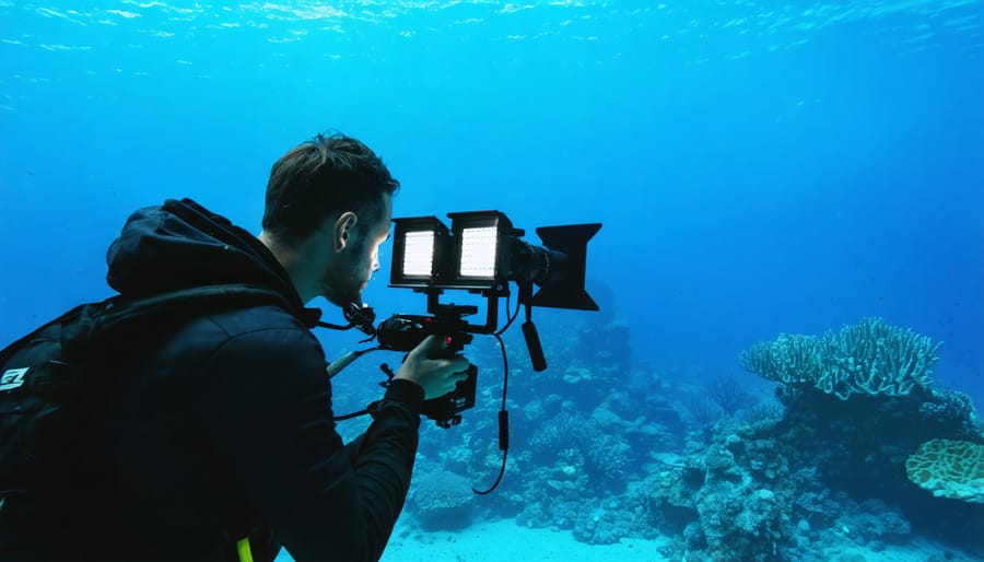 Scuba diver filming coral reef with professional dual LED video lights