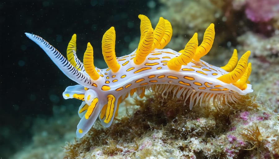 Close-up of a vibrantly colored nudibranch captured through professional underwater macro photography, demonstrating detailed focus and intricate marine textures.