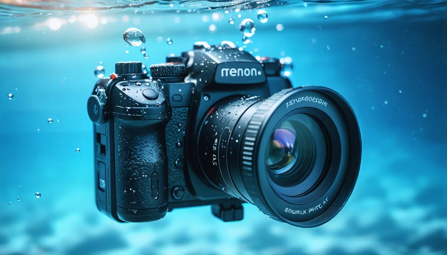 Complete underwater camera system showing housing, macro lens, and lighting setup