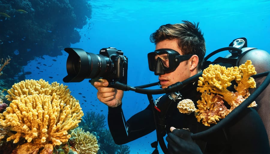 Scuba diver using professional DSLR camera in underwater housing to photograph vibrant coral reef