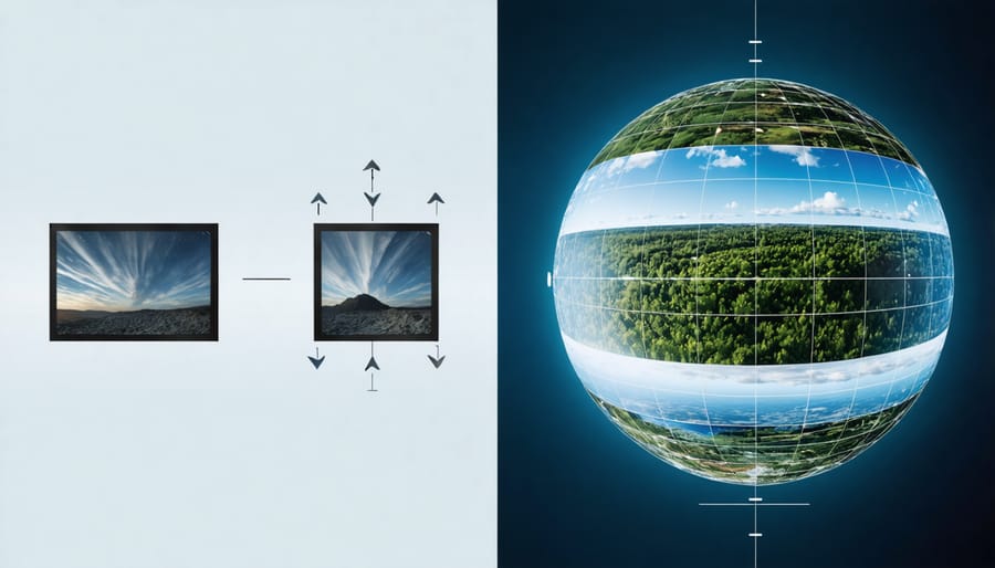Conceptual illustration showing the transformation of photographic composition from a traditional rule of thirds grid to a spherical grid used in VR photography, highlighting leading lines and layer stacking for depth and detail.