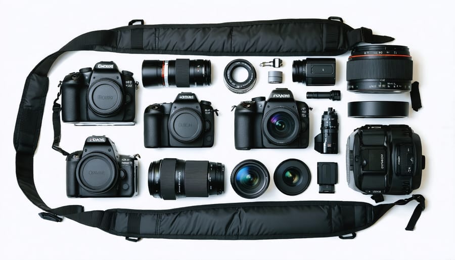 Open camera bag showing organized arrangement of photography equipment and backup gear