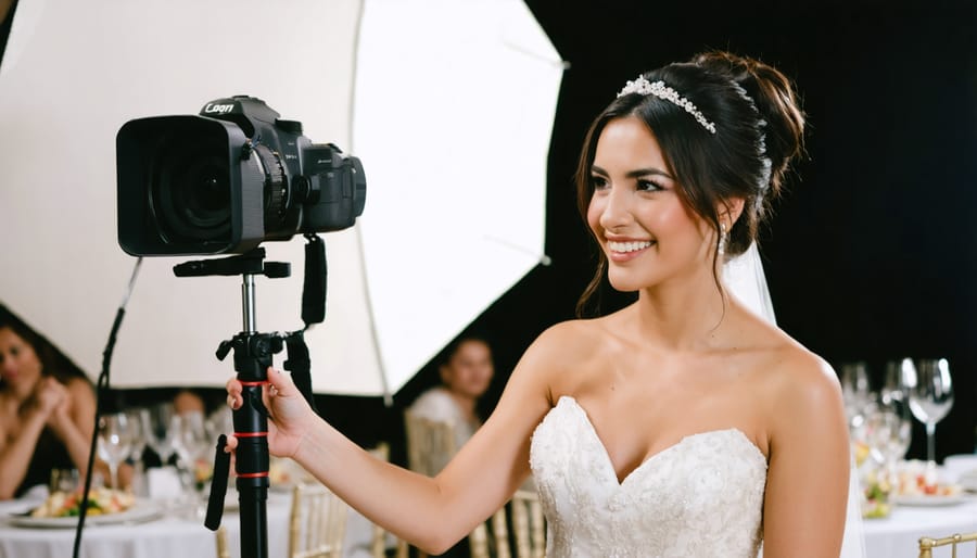 Photographer demonstrating professional lighting setup during wedding reception