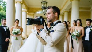 Professional wedding photographer with two camera bodies and different lenses, navigating both indoor and outdoor wedding ceremony environments.