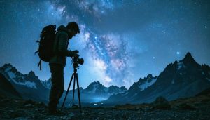 A photographer setting up a DSLR camera on a tripod under a star-filled sky, with mountains illuminated by moonlight and the Milky Way visible above, capturing the essence of night photography in the wilderness.