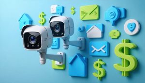 A conceptual depiction of advanced 360-degree cameras surrounded by digital app icons and dollar signs, symbolizing the modern subscription model for professional photography equipment access.