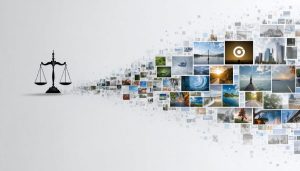 A conceptual collage displaying the intersection of traditional photography, AI technology, and legal symbols, illustrating the evolving copyright landscape for AI-generated images.