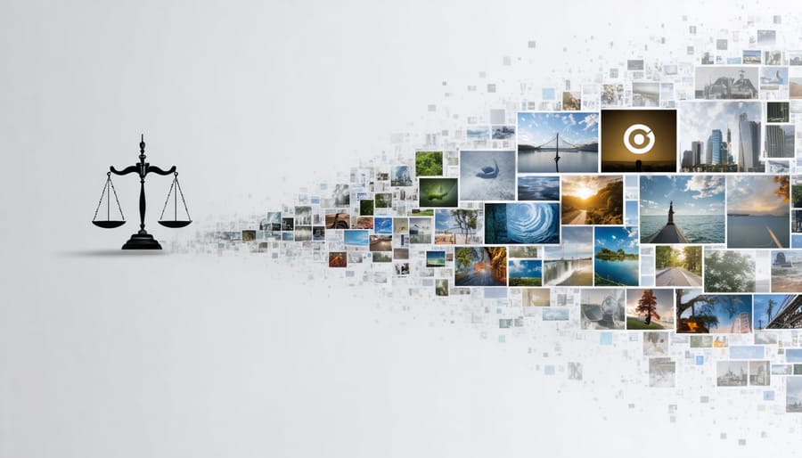 A conceptual collage displaying the intersection of traditional photography, AI technology, and legal symbols, illustrating the evolving copyright landscape for AI-generated images.