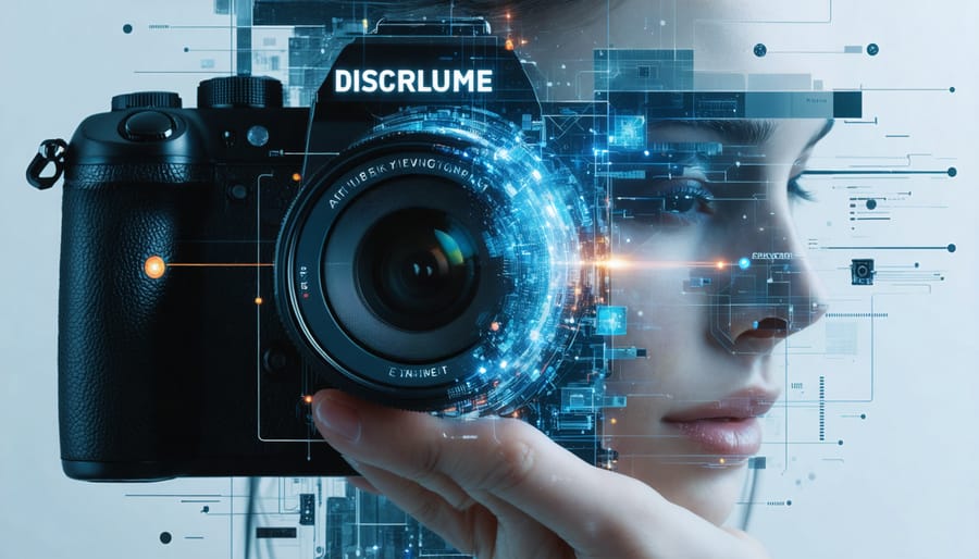 Artistic depiction of a camera lens integrated with digital circuits, illustrating the intersection of AI technology and traditional photography ethics.