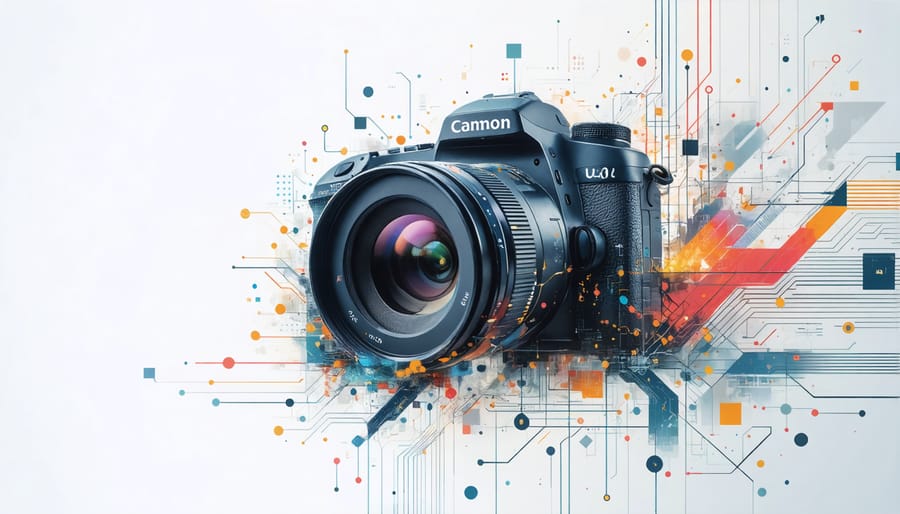 Artistic representation of camera lens intersecting with AI neural network patterns