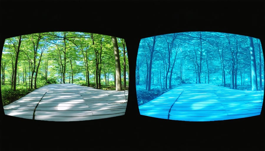 Side-by-side comparison of a virtual reality scene showing AI-enhanced improvements in lighting, color, and detail