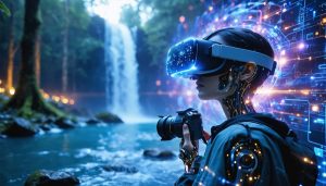 A futuristic depiction of a photographer wearing a VR headset in a digitally enhanced environment, symbolizing the integration of AI technology into virtual reality photography through neural network patterns and digital enhancements.
