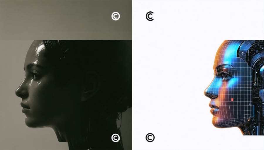 Side-by-side comparison of a traditional photograph and AI-generated image with copyright symbols