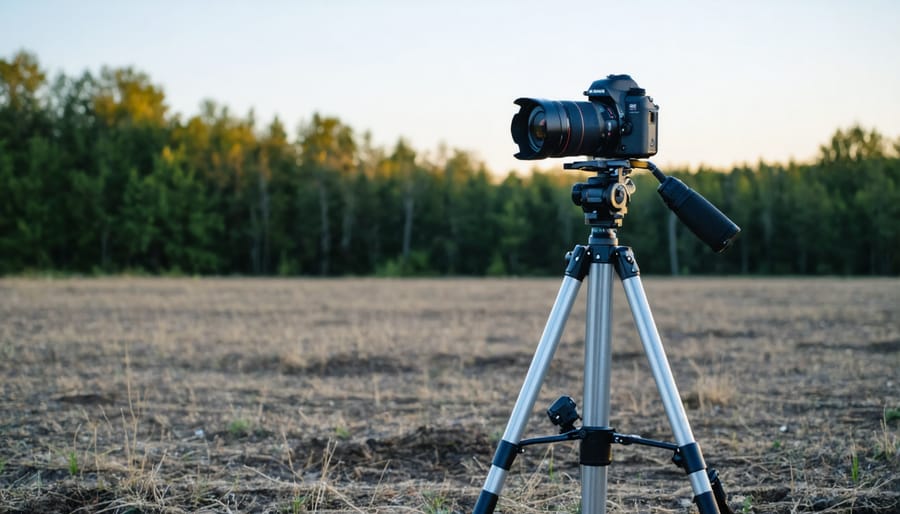 Labeled diagram of an astrophotography setup including camera, star tracker, and tripod in field conditions