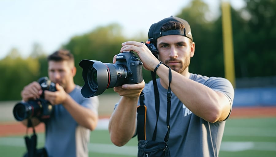 Photographer demonstrating autofocus tracking with DSLR and mirrorless cameras at a sporting event
