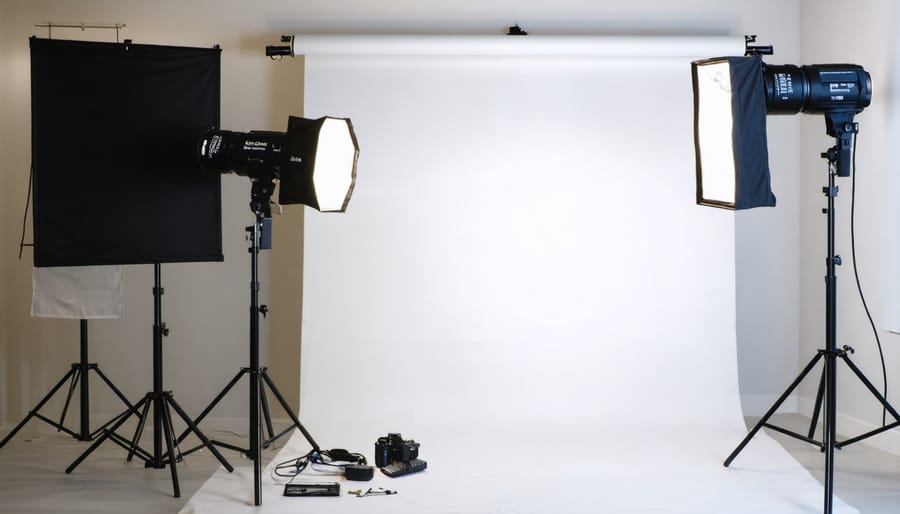 Creative budget lighting setup using clamp lights, paper lanterns, and household reflectors