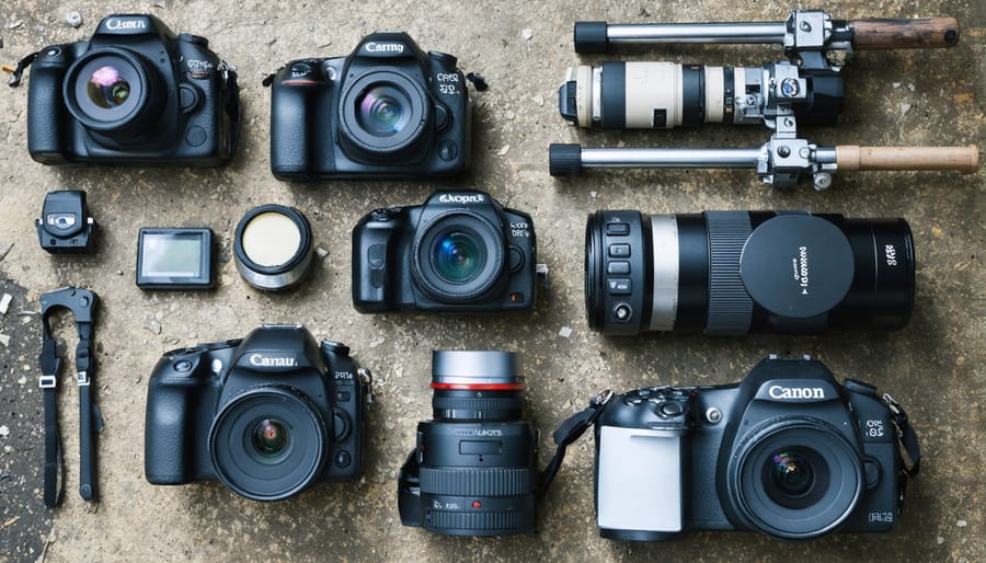Organized collection of used cameras, lenses, and photography equipment ready for responsible recycling