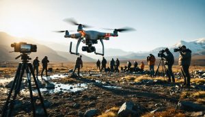 High-end drone captures a cinematic shot over a film crew on a vast landscape, illustrating the revolutionary impact of drones in film photography.