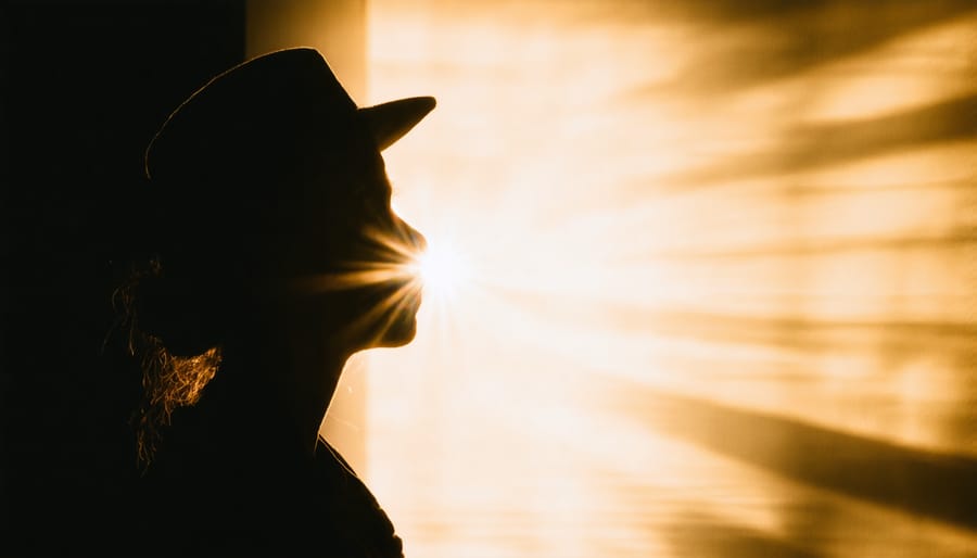 Artistic portrait utilizing controlled lens flare effects through partial lens hood use