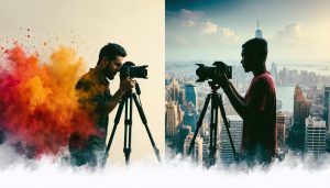 Conceptual image illustrating the intersection of cultural heritage and modernity in photography, showing a photographer capturing both traditional ceremonies and modern cityscapes, symbolizing the dual identity of diaspora photographers.