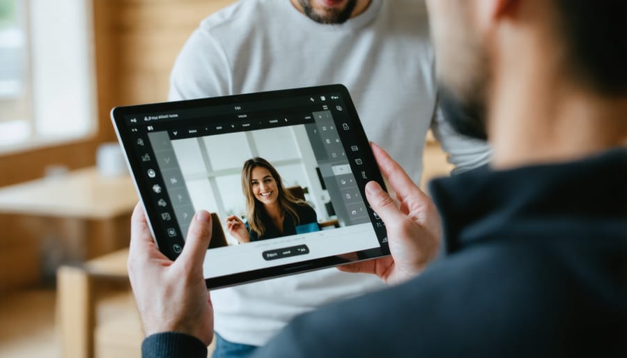 Professional photographer reviewing digital photo gallery with client on tablet