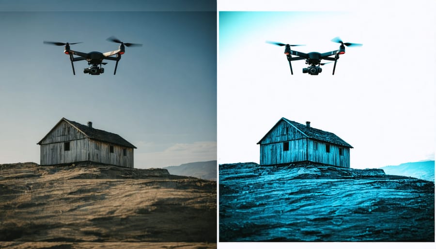Before and after comparison of drone footage showing color grading effects