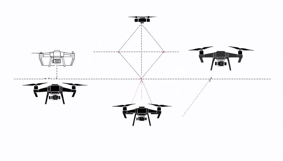 Illustrated diagram of common drone flight paths including orbit, reveal, and tracking shots