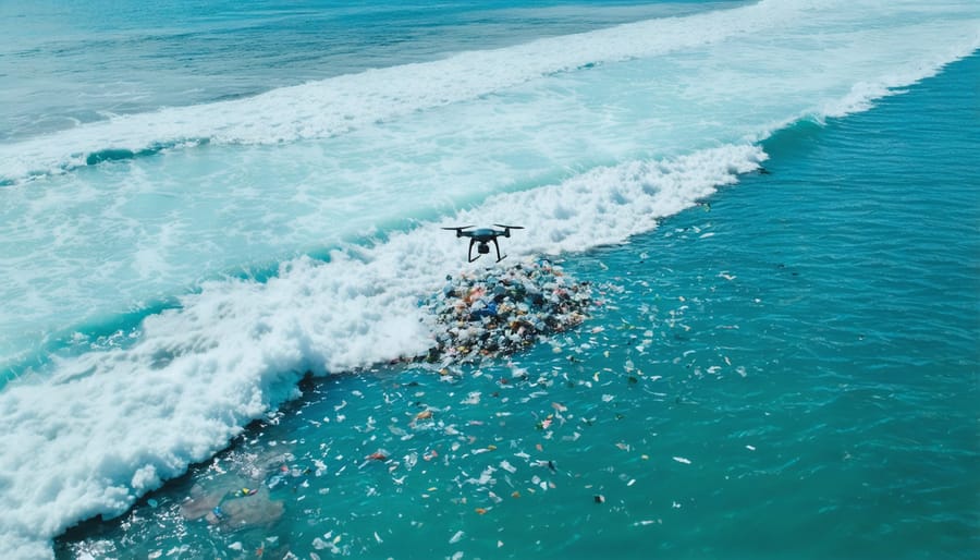 Aerial view of photographer operating drone over ocean plastic waste