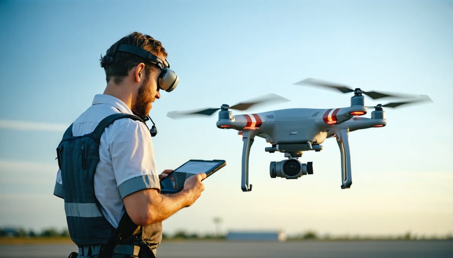 Professional drone pilot conducting equipment inspection before flight