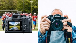 "A split-screen image comparing DSLR and mirrorless cameras in real-world scenarios. On the left, a sports photographer uses a DSLR with an optical viewfinder to capture action shots; on the right, a landscape photographer uses a mirrorless camera with an electronic viewfinder in a scenic environment."