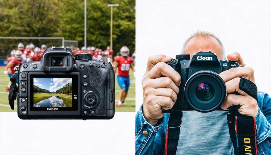 "A split-screen image comparing DSLR and mirrorless cameras in real-world scenarios. On the left, a sports photographer uses a DSLR with an optical viewfinder to capture action shots; on the right, a landscape photographer uses a mirrorless camera with an electronic viewfinder in a scenic environment."
