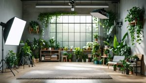 Modern photography studio with LED lights, eco-friendly props, and large windows for natural daylight, symbolizing sustainable practices in the photography industry.