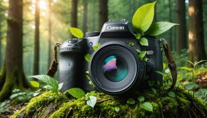 An environmentally-conscious camera made from recycled materials seamlessly merging with a lush forest setting, illustrating sustainable nature photography.