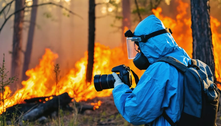 Environmental photographer in protective equipment photographing forest fire from safe distance