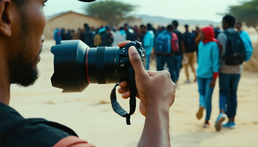 Documentary photographer using professional camera equipment to capture migration stories while maintaining ethical distance