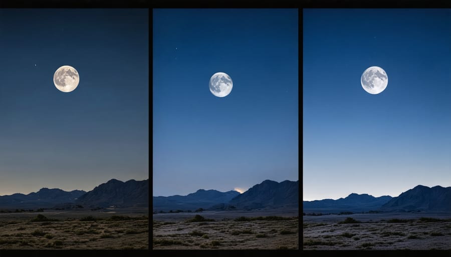 Three versions of the same night landscape at different exposures: underexposed, properly exposed, and overexposed