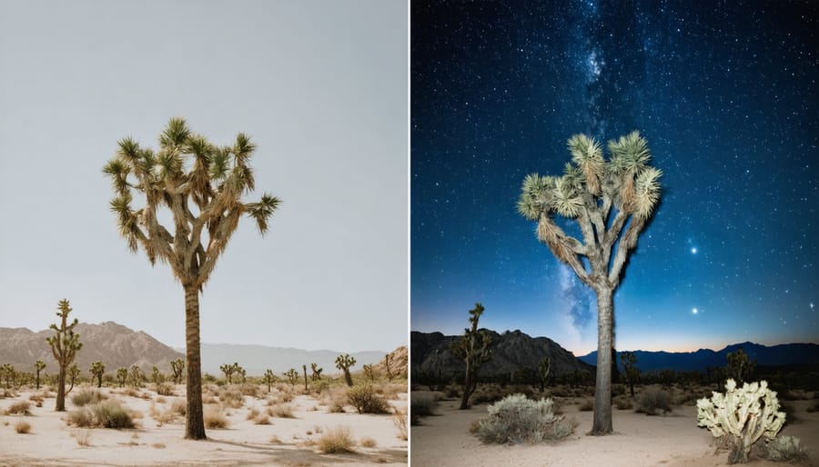 Side-by-side comparison of night photos showing correct versus incorrect exposure settings