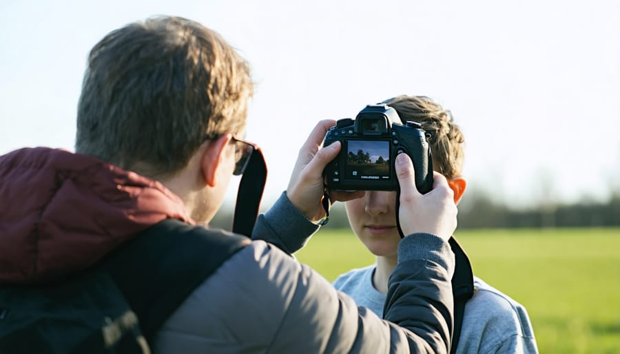 Photography mentor teaching proper camera techniques during an outdoor session