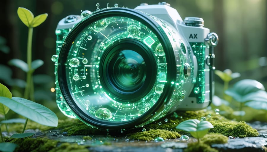 Conceptual visualization of a futuristic camera lens made with nanotechnology, showcasing transparent nanoscale structures and a soft green background representing eco-friendly innovation.