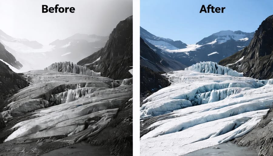 Comparative photographs showing dramatic glacier retreat between 2003 and 2023